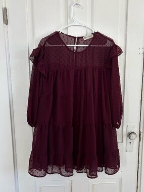 The Impeccable Pig Burgundy Swiss Dot Tiered Ruffle Dress